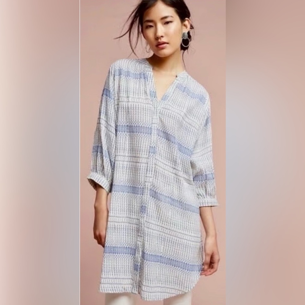 Anthropologie Maeve Lena Yarn Dye Off White Blue Oversized Boho Top Size Small